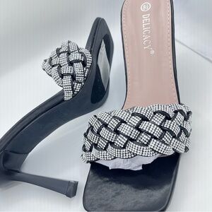 Glitzy Git Up Square Toe Rhinestone Braided Band Stiletto Sandals - Size 8.5